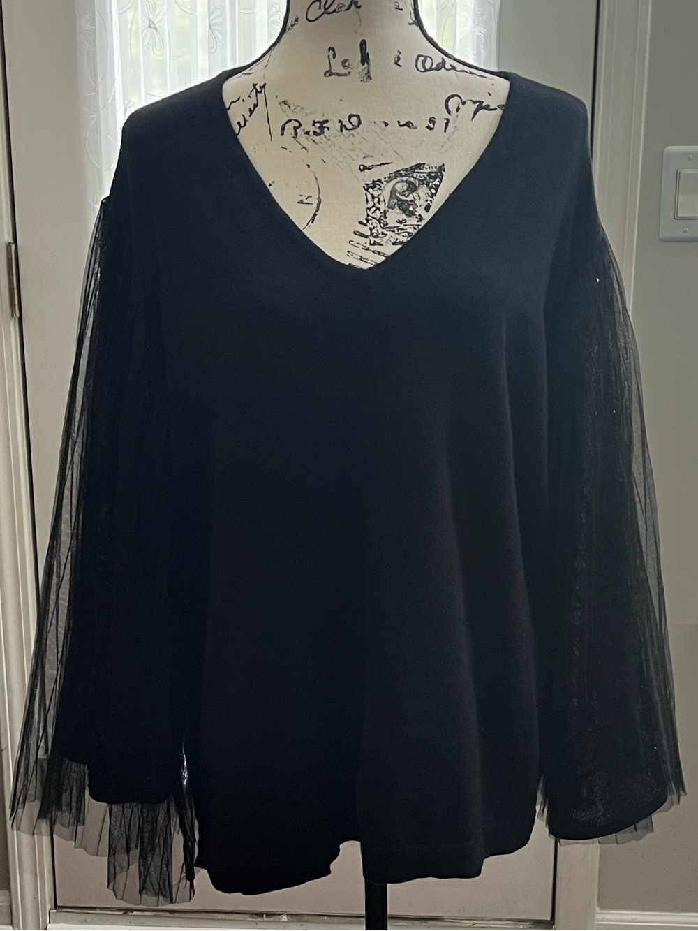 NWT Marina Rinaldi Black V-Neck Pullover with Sheer Tulle Sleeves
